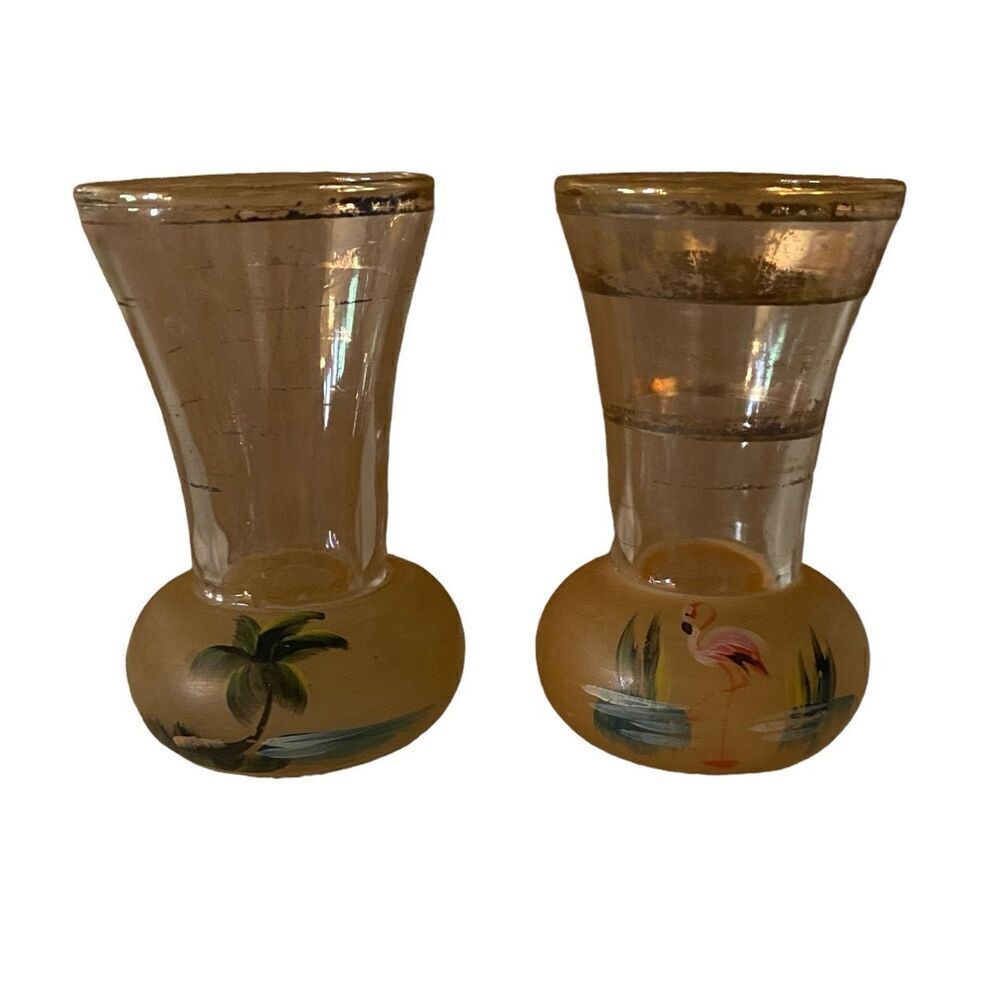 Set of 2 Vintage Hand Painted‎ Flamingo and Palm Tree Small Vases